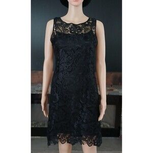 Womens Large Black Floral Lace Zip Up Lined Sexy Cocktail Party Sleeveless Dress